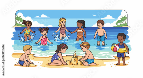 Diverse group of children playing together and having fun on a tropical beach during their summer vacation illustration.