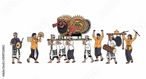 Illustration of Balinese people in traditional dress performing a parade with a Barong mask, drums, and gongs for cultural celebration.