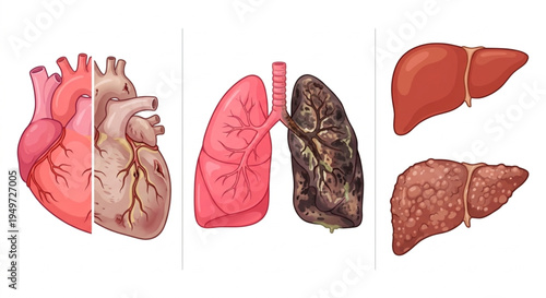Healthy vs unhealthy human organs comparison for medical education vector