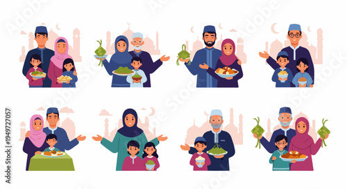 Collection of Happy Muslim Families Celebrating Eid al-Fitr and Ramadan with Traditional Food and Mosque Background Illustrations