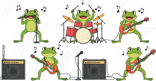 Frogs Playing Musical Instruments in a Band, Rock and Roll Frog Band Illustration