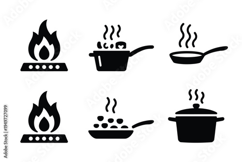 Kitchen Cooking Pot and Frying Pan Icons on Stove with Steam