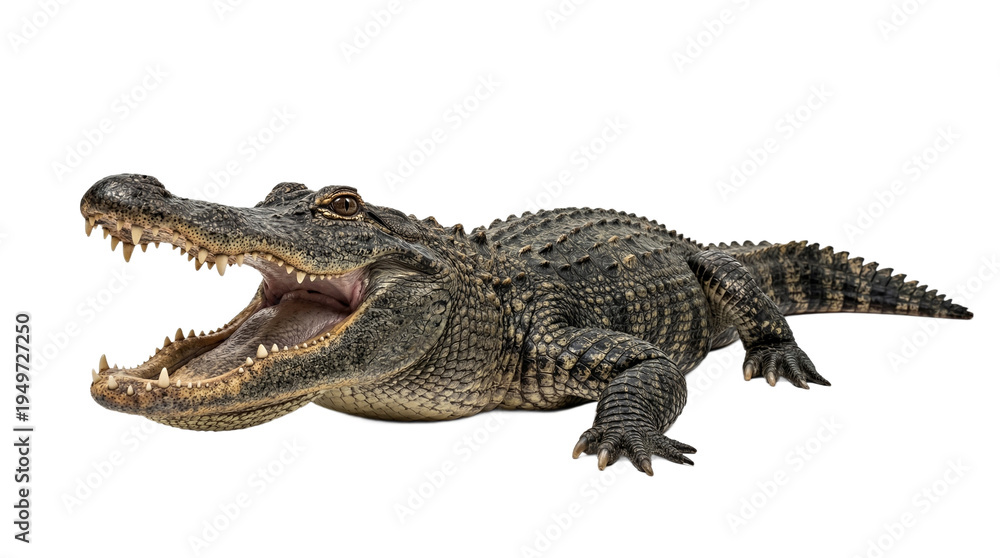 Fototapeta premium Isolated crocodile with open mouth on transparent background, showcasing sharp teeth and textured scales, perfect for wildlife and reptile educational materials or scary and adventurous themed.