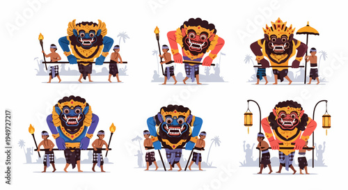 Balinese Ogoh-ogoh parade celebration during Nyepi festival, featuring giant demon statues carried by people with torches and lanterns in traditional Indonesian style.