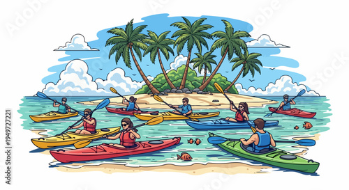 Vibrant illustration of a group of people kayaking around a tropical island paradise with palm trees and turquoise water.