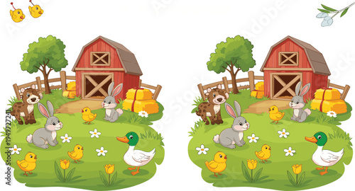Farmyard Scene with Bunnies, Ducks, and Baby Animals Near Barn, Spring Farm Illustration