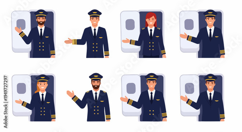 Set of male and female airline pilot characters in uniform standing at the airplane door and greeting passengers, flat vector illustration.