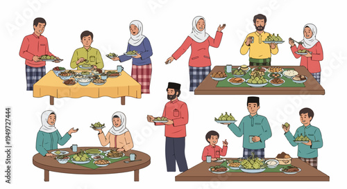 Collection of Muslim Families and Friends Sharing Traditional Meals During Eid al-Fitr or Hari Raya Festivities Illustration Set
