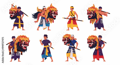 Set of eight Balinese male character illustrations in traditional dance costumes carrying Barong masks and ceremonial staffs on a white background.