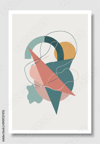 Abstract geometric shapes composition with intersecting lines and muted colors