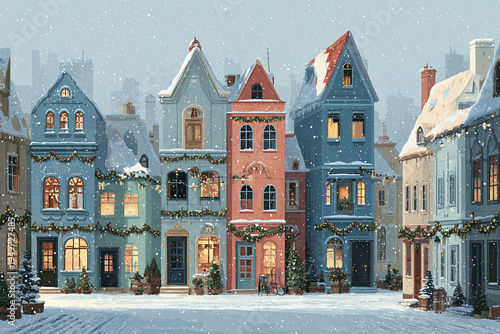 Winter village street with colorful old houses covered in snow and decorated with garlands and Christmas trees, creating cozy festive atmosphere during snowfall