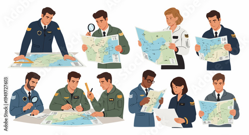 Collection of uniformed pilots and navigators examining and studying maps for flight planning and strategic mission coordination