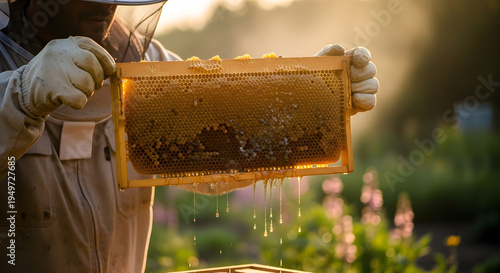 Wallpaper Mural Person in protective suit lifting a honeycomb frame full of liquid honey in a sunlit flower field Torontodigital.ca