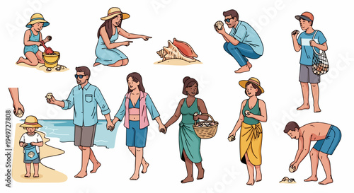 Illustration set of diverse people and families enjoying the summer activity of collecting seashells on the beach in various poses and outfits.
