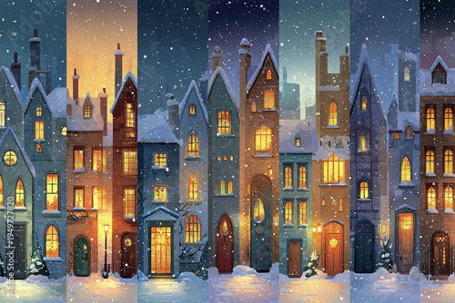 Winter snow falling on cozy European townhouses with warm glowing windows during evening, creating peaceful and festive atmosphere in charming cityscape