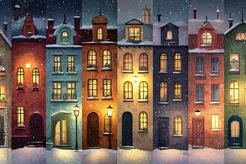 Snowy winter evening with colorful European townhouses warmly lit, street lamps glowing softly, and snowflakes gently falling, creating cozy festive atmosphere