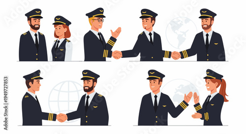 Cartoon Illustration of Professional Airline Pilots Greeting, Shaking Hands, and Collaborating in Various Group Settings with a Globe Background.