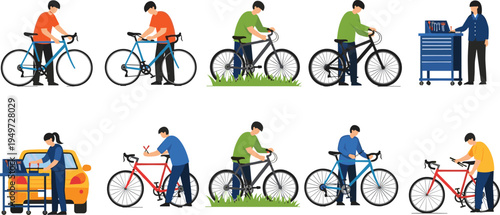 Bicycle maintenance vector illustration set featuring people repairing, inspecting, and adjusting bikes with tools, creative resource for cycling, repair services, industry, and educational themes