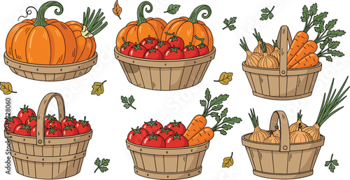 Comprehensive Harvest Vegetable Basket Vector Set Featuring Pumpkins Tomatoes Carrots and Onions in Rustic Wicker Containers for Autumn Garden and Farm Design