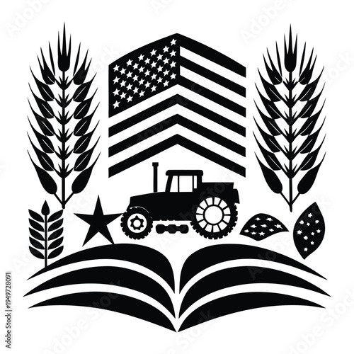 Black and white agricultural emblem with tractor wheat stalks and military rank insignia agriculture