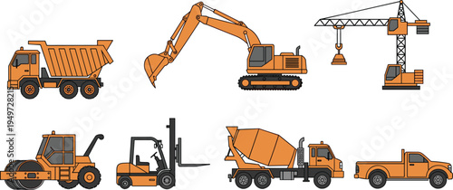 Construction vehicle vector illustration set featuring dump truck, excavator, tower crane, road roller, forklift, cement mixer, and pickup truck, creative resource for industry, building
