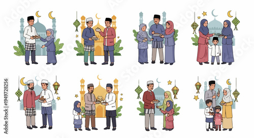 Set of eight illustrations featuring Muslim people in traditional dress celebrating Hari Raya Aidilfitri with food and family greetings.