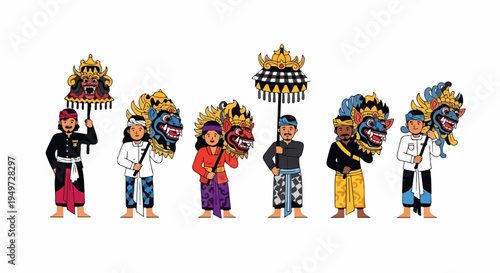 Set of Balinese People in Traditional Outfits Carrying Barong Masks and Ceremonial Umbrellas, Illustrating Cultural Heritage and Hindu Rituals in Bali.