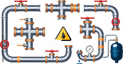 Industrial plumbing pipe vector illustration set with chrome steel water tubes red valve handles pressure gauge oil drop warning sign and metal plumbing components.