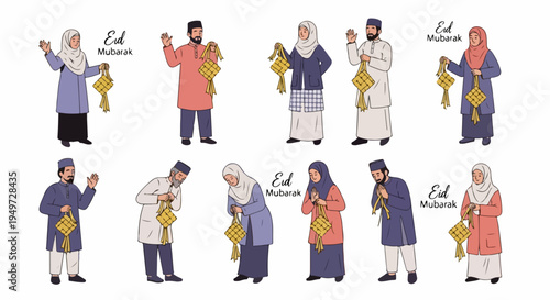 Collection of Muslim men and women in traditional clothing holding ketupat, celebrating Eid al-Fitr with greetings and bows on a white background.