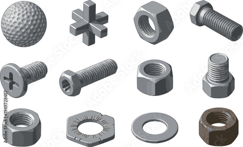 Mechanical fasteners vector illustration set featuring bolts, nuts, washers, screws, and hardware components, detailed design resource for construction, engineering, manufacturing, and 