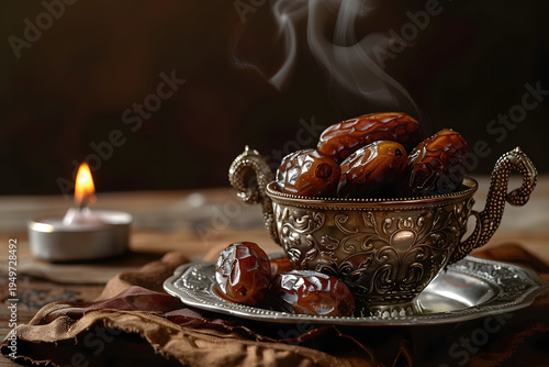 Dates on a decorative silver plate.