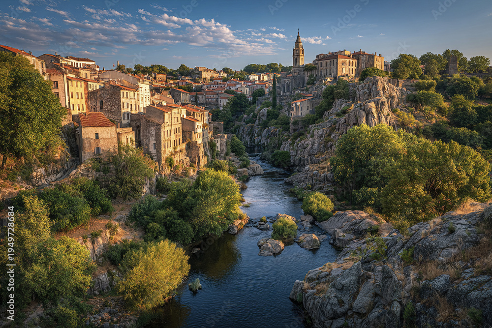 Obraz premium Historic fortress city panorama with old town houses and river flowing through rocky landscape under blue sky with scattered clouds, creating peaceful and scenic view