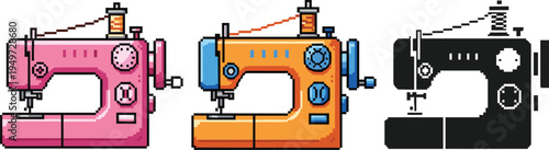 Pixel art sewing machine icon set featuring pink orange and black silhouette styles for retro game design tailoring craft hobby and embroidery handicraft.