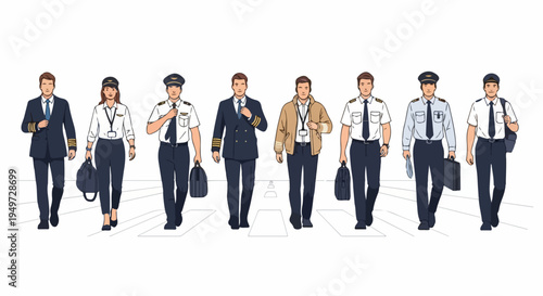 A group of diverse airline pilots and crew members in uniform walking confidently on a runway, presented in a clean illustration style.