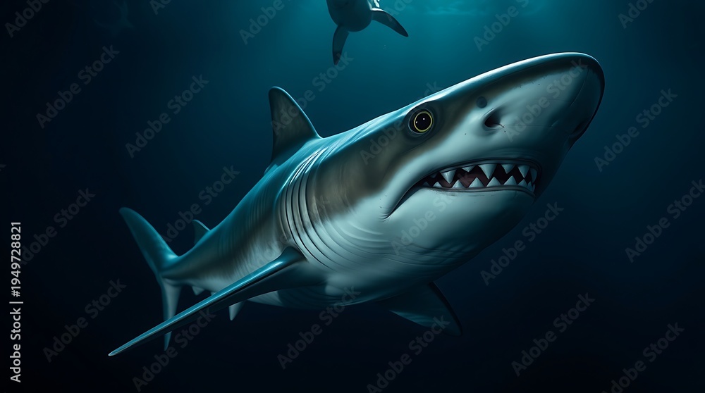 Obraz premium A menacing shark with sharp teeth and piercing eyes swims ominously in the deep blue ocean, embodying power and danger.