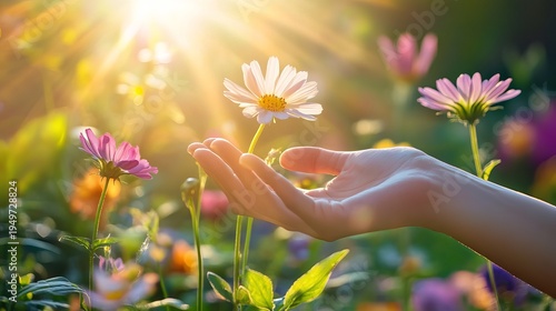 Hand gently touching vibrant flowers in sunlit garden, nature and spring outdoor scene