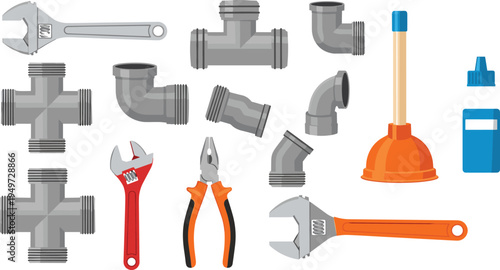 Professional plumbing tool vector set featuring adjustable wrenches metal pipe fittings rubber plunger pliers and pvc glue for home repair maintenance and construction services.