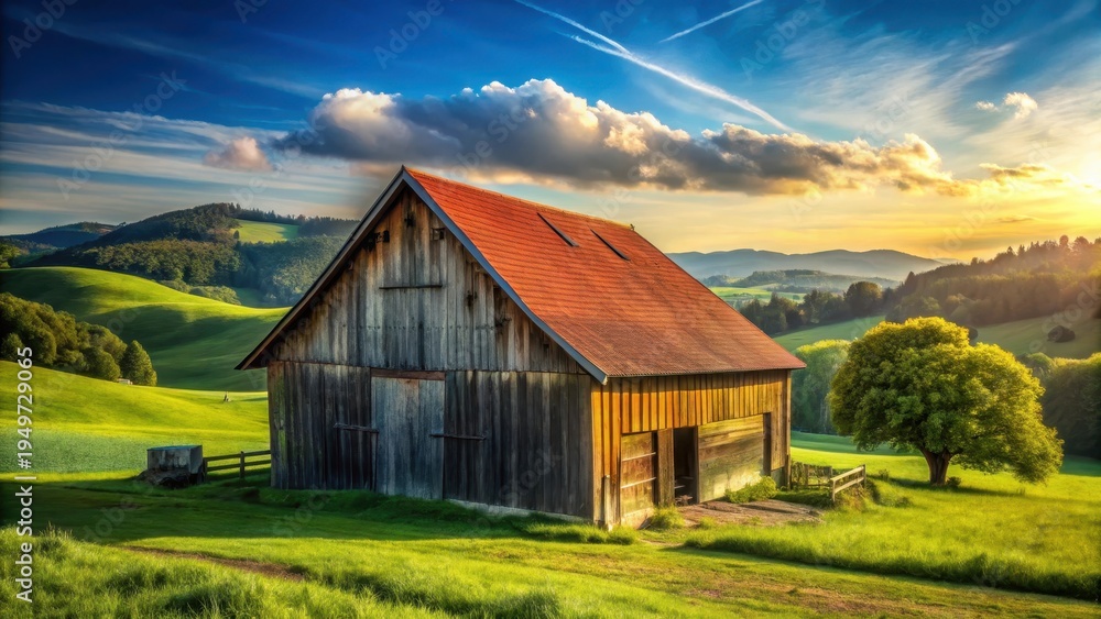 Obraz premium A photo of a cozy barn with wooden beams and a red roof under a clear blue sky, surrounded by lush green fields and rolling hills in the distance