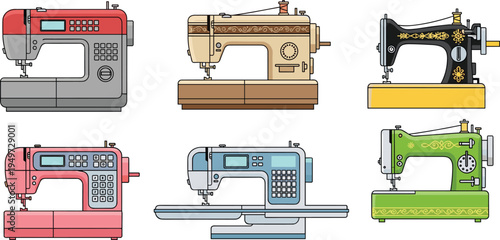 Professional sewing machine vector icon set featuring modern electronic models and vintage antique styles for tailoring fashion design embroidery and domestic garment handicraft.