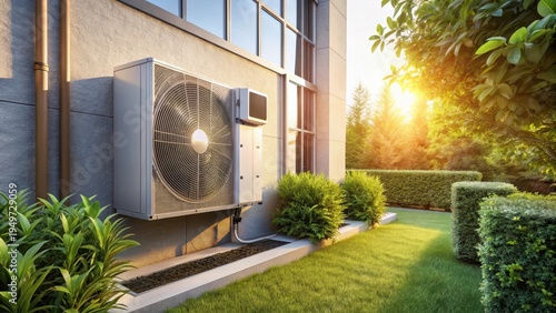 A photo of an air source heat pump installed on the exterior wall of a residential building, with pipes connecting it to the interior The unit is par