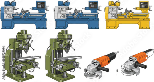 Professional vector illustration set of industrial workshop machinery including precision metal lathes, vertical milling machines, and handheld angle grinders for manufacturing and engineering 