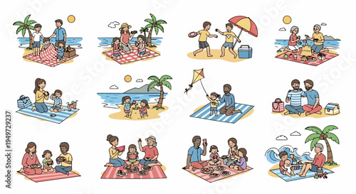 Set of diverse people and families enjoying picnics on the beach, featuring various activities like eating, playing, and relaxing in a colorful doodle style.
