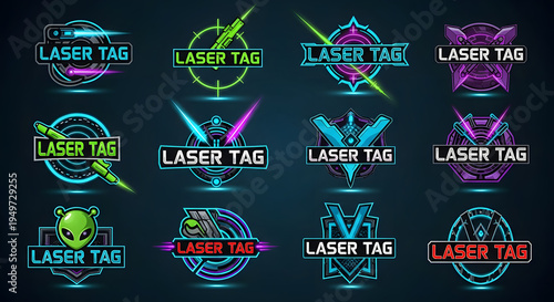 Collection of various futuristic gaming emblems featuring neon lights and target icons for team sports