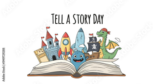 Open Book with Fantasy Characters Emerging.