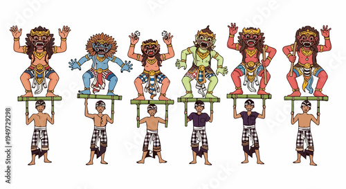 Illustration of Balinese Men Carrying Colorful Ogoh-ogoh Demon Statues During the Ngrupuk Parade Celebration in Bali, Indonesia