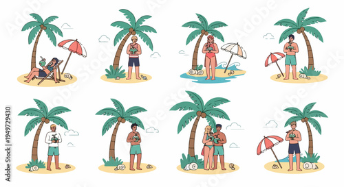 Collection of illustrated people enjoying a tropical beach vacation with coconut drinks, palm trees, and umbrellas.