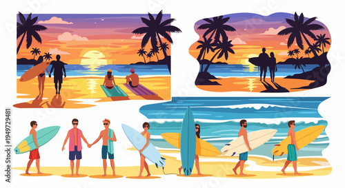 Flat Illustration Vector Set of Surfers and Couples Enjoying a Tropical Beach Vacation During a Vibrant Golden Hour Sunset