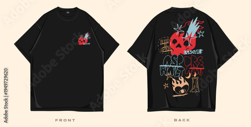 Graffiti t shirt design, Streetwear graphic for clothing design. Urban t-shirt design for print.  Merch and apparel design. Scribble, doodles, cartoon vector illustration. Oversized tee mockup