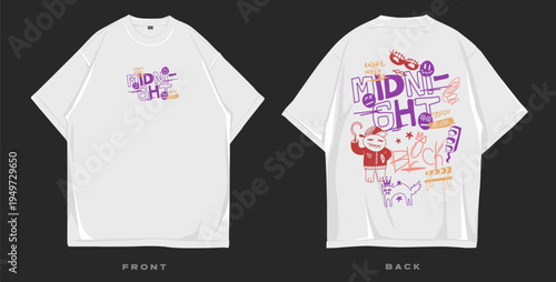 Graffiti t shirt design, Streetwear graphic for clothing design. Urban t-shirt design for print.  Merch and apparel design. Scribble, doodles, cartoon vector illustration. Oversized tee mockup