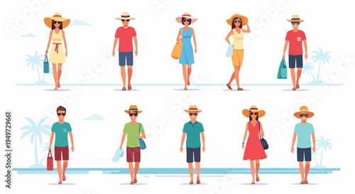 Set of diverse men and women characters in summer beach outfits and accessories flat vector illustration on a tropical background.